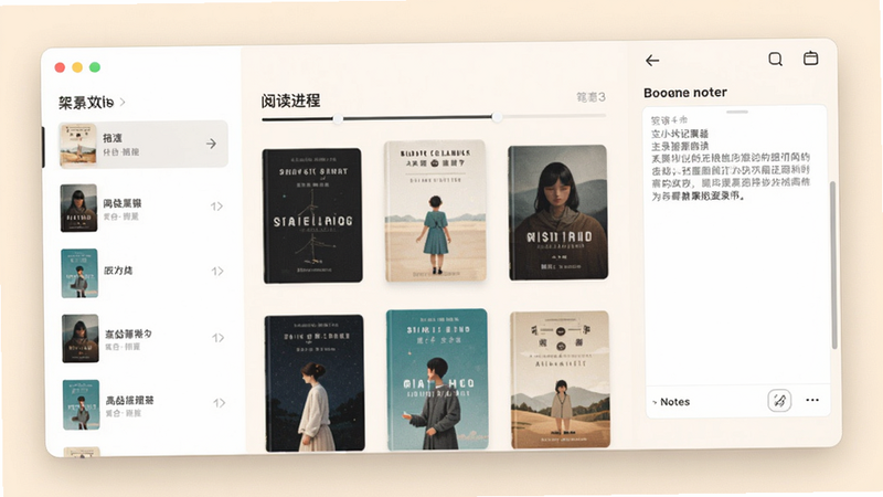 小说记录器主界面预览图,展示书架列表、阅读进度条和笔记编辑区,背景为柔和米色调,书籍封面错落排列,整体风格清爽简约,适配Boogu模型生成