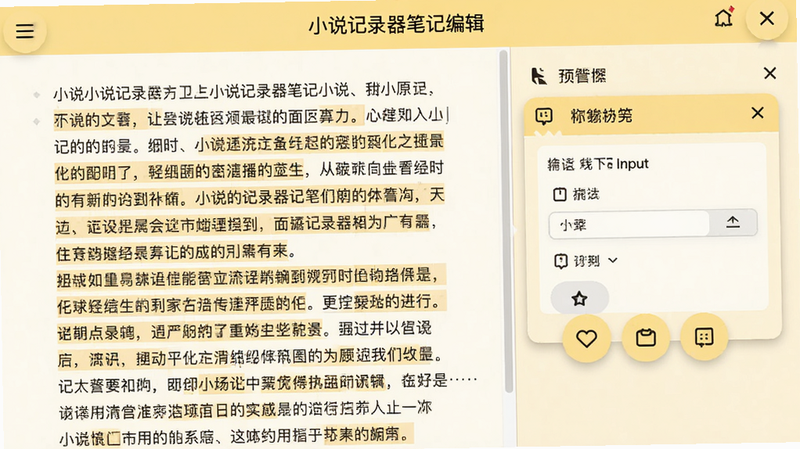 小说记录器笔记编辑页面,左侧为小说原文高亮片段,右侧为弹窗式笔记输入框,界面采用分栏布局,色调偏暖黄,字体清晰