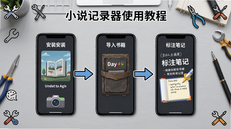 小说记录器使用教程步骤图,手机屏幕显示操作流程箭头,从安装到导入书籍再到标注笔记,背景为浅灰色工作台,四周有工具图标装饰