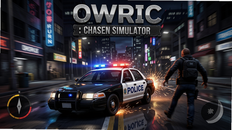 OWRC警察:追逐模拟器全貌预览图,画面中央一辆警车正高速追击逃犯,背景城市夜景,霓虹灯光,火花四溅,写实风格,细节丰富,游戏标题位于上方