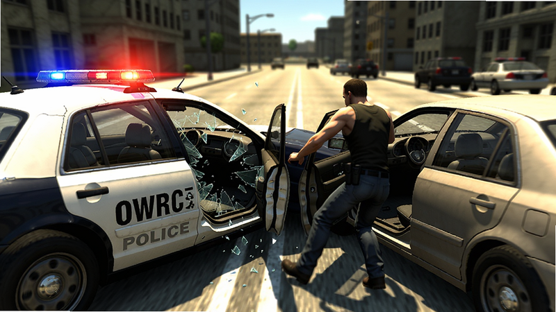 OWRC警察:追逐模拟器物理碰撞场景,警车侧面撞击逃犯车辆,车门凹陷,玻璃碎裂,画面充满动感,光线强烈