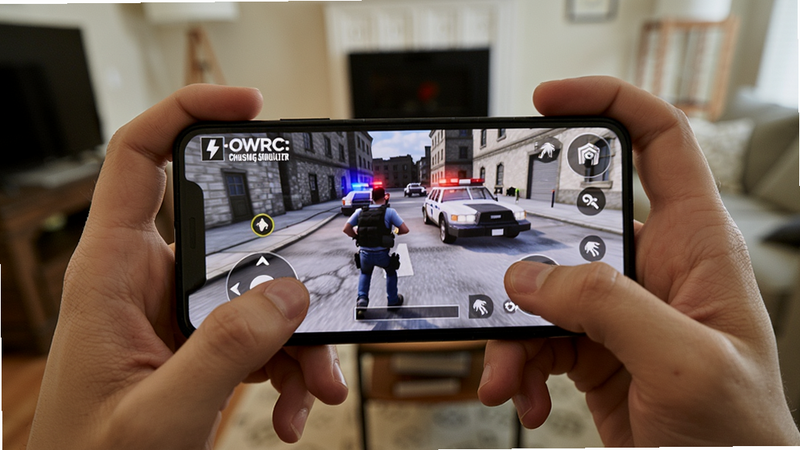 玩家双手握手机玩OWRC警察:追逐模拟器,手机屏幕显示追捕画面,玩家手指点击屏幕虚拟按钮,背景是室内环境,拍摄角度为第一人称