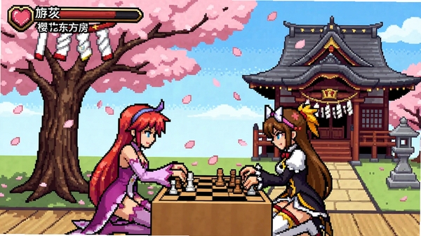 樱花东方房 游戏主界面 幻想乡樱花树下的棋盘 像素风格 灵梦与魔理沙对战 背景是博丽神社 天空飘落花瓣