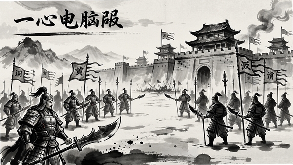 一心电脑版游戏主界面,水墨风格战场,武将列阵,背景为古代城池