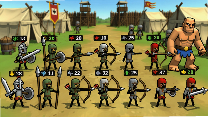 火柴人战争2:帝国【MOD功能】全兵种展示图,画面中排列着各种火柴人士兵,包括剑士、长矛兵、弓箭手、巨人等,每个兵种上方有等级标志,背景是军营,色彩丰富,兵种细节清晰