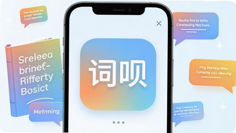 画面中心展示词呗APP开屏界面,背景为渐变色英文书籍与对话气泡,整体明亮清新,强调智能学习与高效记忆,软件名称“词呗”置于画面中央显眼位置,适配Boogu模型生成