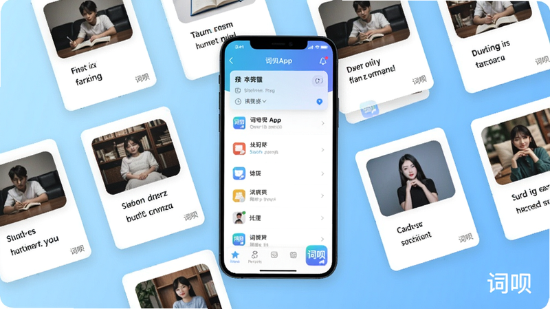 画面中散落着各种单词卡片,卡片上带有图片和例句,中央是词呗APP的单词列表界面,背景为淡蓝色渐变,整体清爽有序,软件名称“词呗”出现在卡片右下角