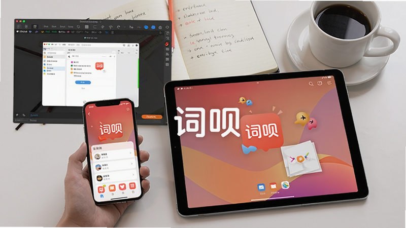 画面展示手机与平板设备上运行词呗APP,旁边有模拟器窗口,背景为学习笔记和咖啡杯,整体现代感,软件名称“词呗”出现在屏幕中央