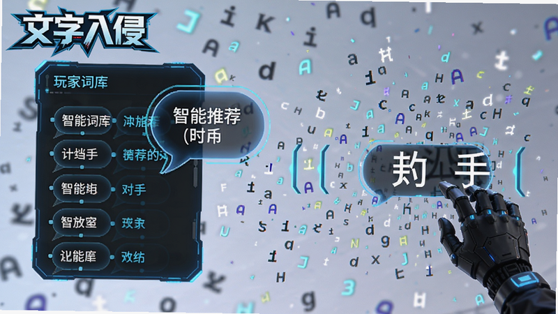 文字入侵词汇匹配界面,左侧玩家词库弹出智能推荐气泡,右侧对手正在输入汉字,背景有闪烁的字母粒子特效,风格科技感十足,画面左上角标注“文字入侵”Logo。