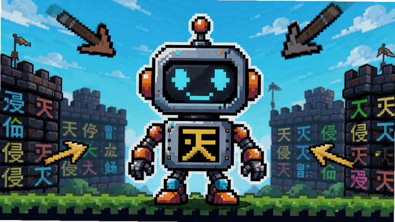 文字入侵游戏主界面,中间站立一个由汉字组成的机器人角色,背景是像素风格的文字城墙与入侵箭头,整体色彩明亮活泼,突出文字入侵主题,适配Boogu模型生成。