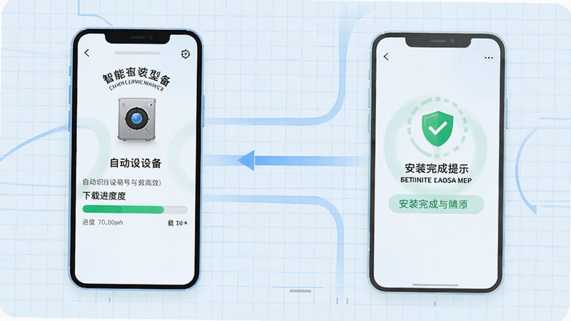 智能安装流程图,手机界面显示自动识别设备型号、下载进度条、安装完成提示,背景为淡蓝色网格,强调操作简易与高效。