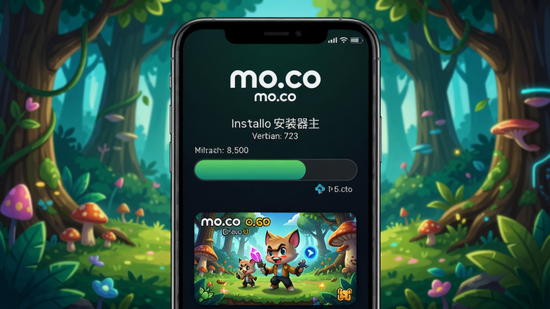 mo.co安装器主界面展示,手机屏幕上显示安装进度条与游戏预览图,背景为mo.co游戏森林场景,画面色彩明亮,科技感与游戏氛围融合,主体居中,清晰展示软件名称与版本号。