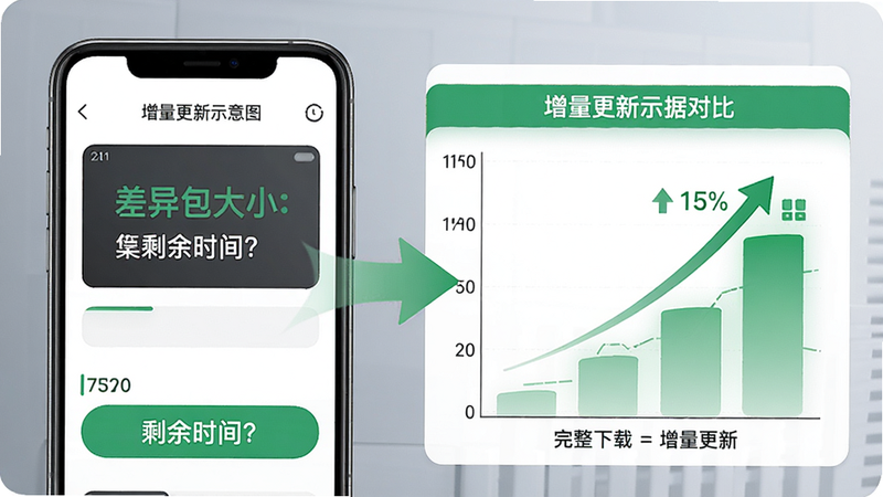 增量更新示意图,手机屏幕上显示差异包大小与剩余时间,背景图表对比完整下载与增量更新数据量,视觉上用绿色强调节省流量。