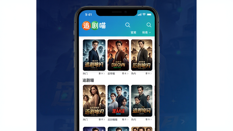 追剧喵 界面预览图,手机屏幕居中显示追剧喵主界面,背景为深蓝渐变,列表展示热门剧集封面,色彩鲜艳,细节清晰,整体风格现代简洁。