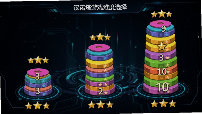 汉诺塔游戏难度选择界面,显示从3层到10层的选项,每个难度旁边有星星评级,背景为深色科技感,圆盘颜色鲜艳。