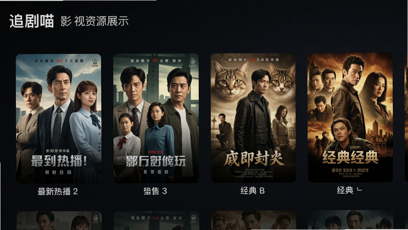 追剧喵 影视资源展示图,画面中多个海报排列,包括最新热播剧和经典电影,背景为深色,突出内容多样性。