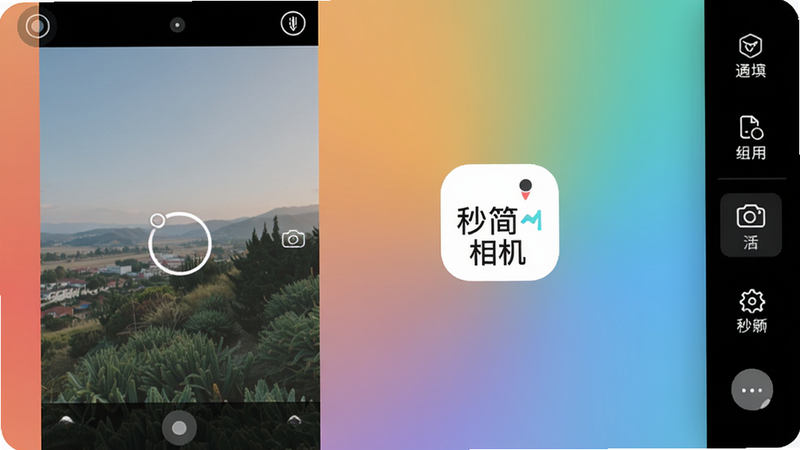 秒简相机主界面展示,左侧是相机取景框,右侧是功能快捷栏,背景为渐变色,画面中央有“秒简相机”logo,整体风格简约清新,适配Boogu模型生成。