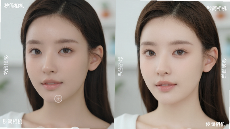 秒简相机一键美颜功能演示,左侧为原始照片,右侧为美颜后效果,皮肤光滑细腻,五官立体,背景虚化,画面边缘有“秒简相机”水印,整体色调明亮自然。