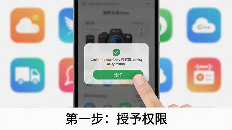 秒简相机安装教程示意图,手机屏幕显示权限请求弹窗,手指点击“允许”,背景有应用图标,画面下方有“第一步:授予权限”文字提示,整体风格简洁。