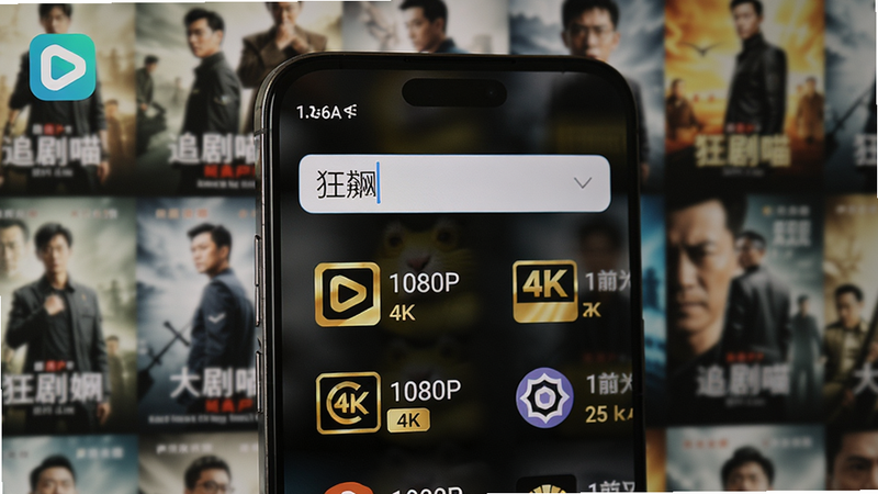 手机屏幕显示追剧喵搜索界面,输入框内输入“狂飙”,下方列出多个播放源图标,每个源旁边标注清晰度标签如“1080P”“4K”,背景是模糊的影视海报墙,画面明亮清晰,细节丰富,追剧喵Logo置于左上角