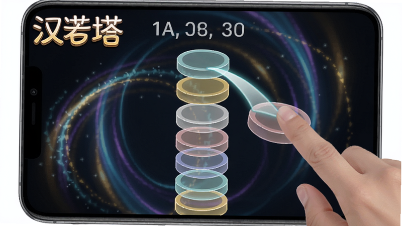 汉诺塔游戏触控操作演示,手指拖动圆盘形成轨迹线,圆盘半透明跟随,背景有动态光效,界面显示“汉诺塔”logo