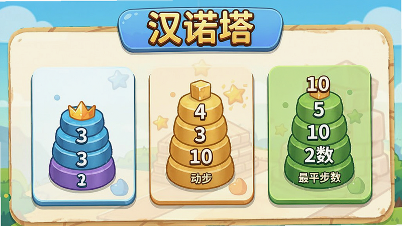 汉诺塔难度选择界面,显示3至10层选项,每个层级旁标注最少步数,界面风格为卡片式,色彩明快,标题带“汉诺塔”字样
