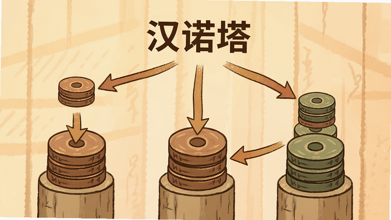 汉诺塔经典玩法示意图,显示三个柱子上不同大小圆盘,箭头指示移动方向,画面中心标注游戏名称“汉诺塔”,背景为柔和暖色,细节清晰