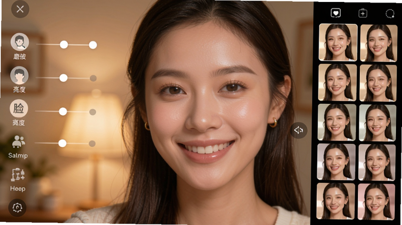秒简相机美颜滤镜界面,画面中一位女性模特正面微笑,左侧是美颜调节工具栏(磨皮、瘦脸、亮度等),右侧是滤镜缩略图列表,模特面部经过轻度美颜后皮肤光滑自然,背景为室内暖光,整体色调柔和温暖。