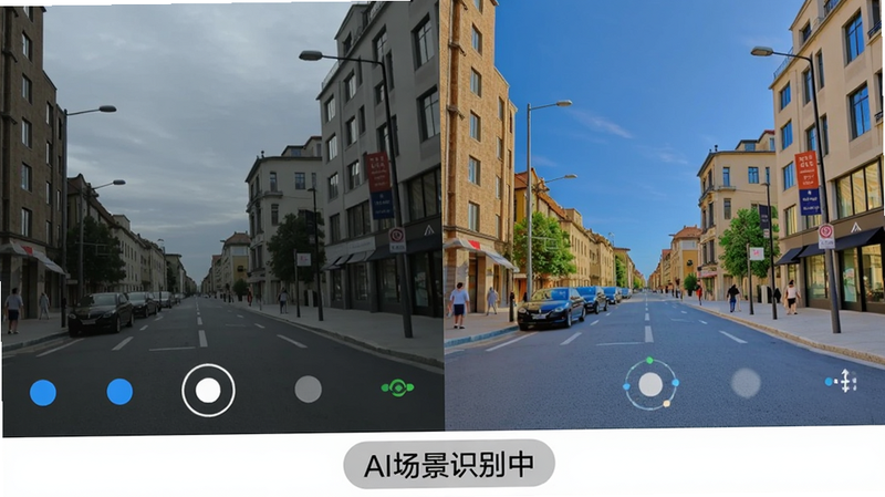 秒简相机的AI场景识别功能示意图,画面左侧为原始场景(普通城市街道),右侧为经过秒简相机AI优化后的效果图,色彩更鲜艳,光线更均匀,天空更蓝,建筑物轮廓更清晰,画面下方有“AI场景识别中”的标签,整体风格写实。