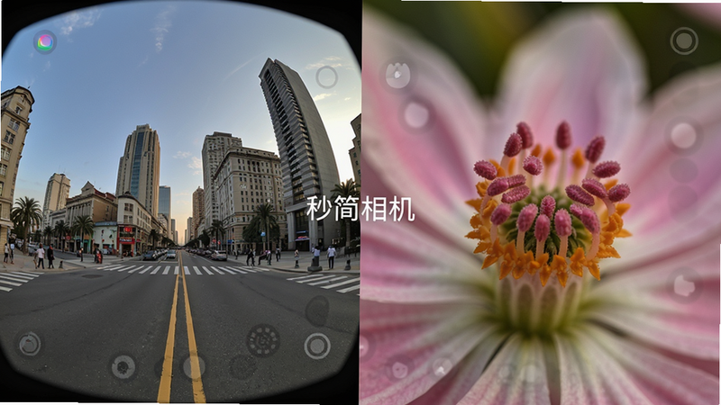 秒简相机超广角与微距双重模式展示,左半图为城市街景超广角样张,画面宽广且边缘无畸变;右半图为微距模式下拍摄的花蕊特写,花瓣纹理清晰锐利,背景虚化自然,中间有“秒简相机”水印。