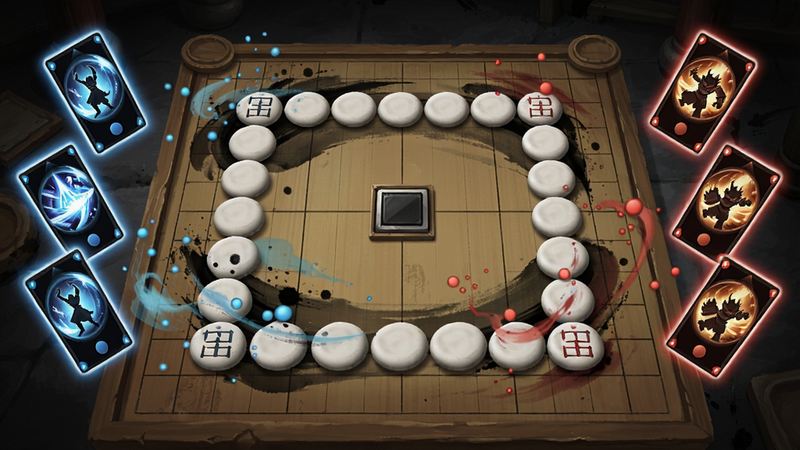方圆之战游戏中对局场景,棋盘上圆形棋子包围方形棋子,蓝色与红色阵营对抗,技能卡牌图标悬浮在两侧,水墨粒子特效,动态感强,Boogu生成