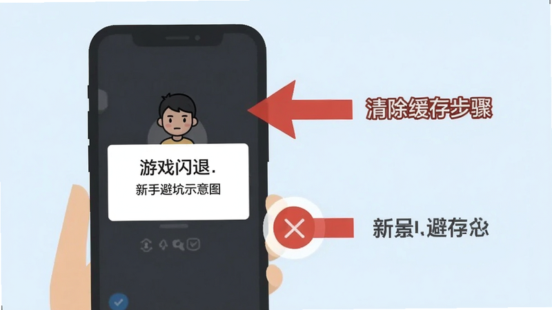 新手避坑示意图,手机屏幕上显示游戏闪退提示,旁边用红色箭头标注清除缓存步骤,简洁扁平风格,Boogu生成