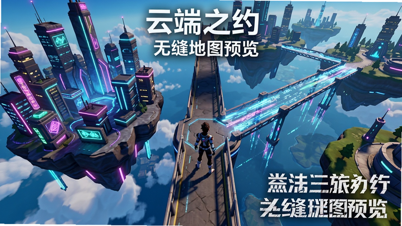 展示游戏内无缝大地图俯瞰视角,画面左侧是漂浮的霓虹建筑群,右侧为数据流构成的桥梁连接不同区域,角色正站在桥梁中央。标注“云端之约 无缝地图预览”,色彩饱和,光影真实。