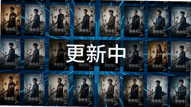 南枝视汇资源库示意图,大量影视海报排列成网格状,画面中心有“更新中”字样,背景为科技感蓝色光线,海报边缘带有南枝视汇水印,高清渲染