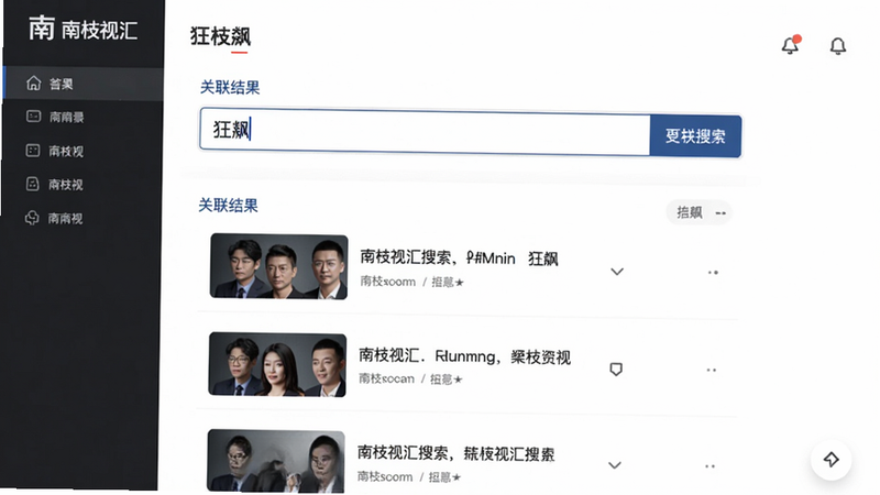 南枝视汇搜索界面,输入框中有“狂飙”搜索词,下方显示关联结果,背景为纯白,搜索按钮为南枝视汇品牌色,界面简洁干净
