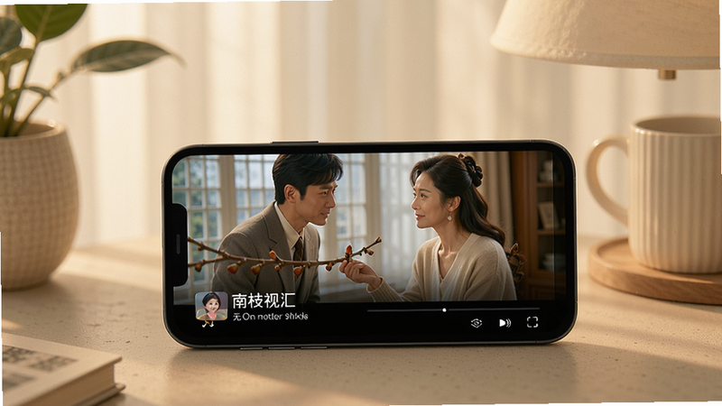南枝视汇播放无广告场景,手机屏幕播放电视剧,无任何广告遮挡,画面完整,周围有柔和光影,体现纯净感