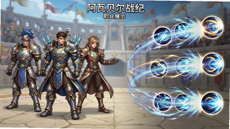 阿瓦贝尔战纪职业展示图,左侧一排角色分别穿着不同职业套装,右侧是技能特效释放瞬间,画面明亮,角色动作流畅,背景为竞技场