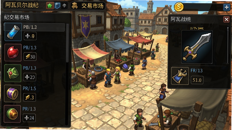 阿瓦贝尔战纪交易市场截图,界面左侧列出各种商品,右侧显示装备详情,金币图标在顶部,背景是热闹的城镇广场,玩家摊位林立