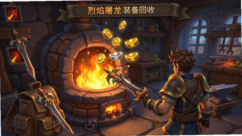 烈焰屠龙装备回收界面,一个铁匠铺场景中,玩家正在将背包中的武器放入回收炉,炉火熊熊,金币和元宝图标弹出,画面明亮,细节丰富。