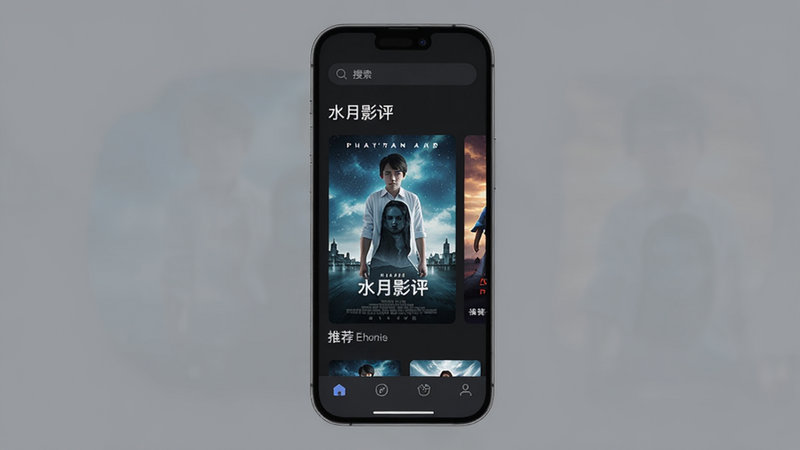 水月影评主界面预览图,展示其简洁的首页布局,顶部搜索栏,中间推荐海报,底部导航栏,背景为深色模式,画面主体为手机屏幕截图,整体风格现代流畅。