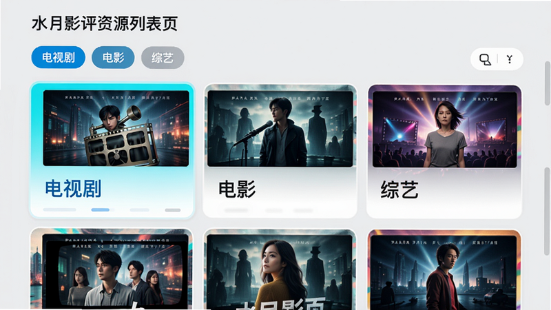 水月影评资源列表页,展示分类标签如“电视剧”、“电影”、“综艺”,列表项包含封面图和标题,界面采用卡片式设计,色彩明亮,背景为浅灰色,突出内容。