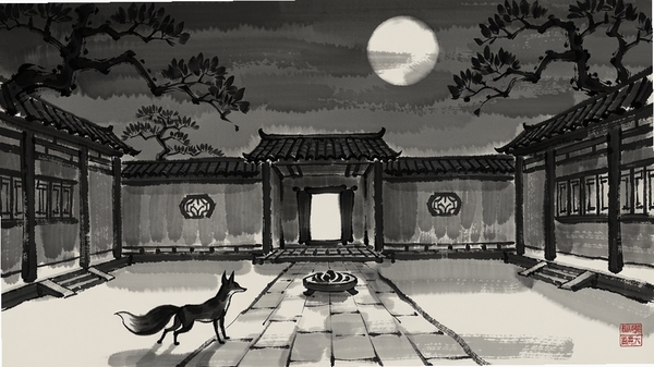五月六日的狐鸣游戏场景,民国风格庭院,月光下狐狸剪影,水墨画风