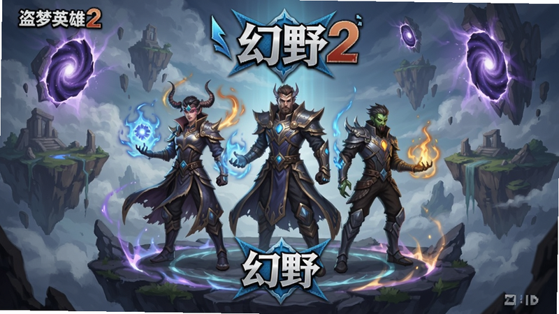 一张展示《盗梦英雄2:幻野》游戏主界面的宽幅概念图,背景是浮空岛屿与紫色时空裂缝,中央站立着三位不同种族的英雄,人物特效绚丽,场景宏大,带有“幻野”Logo,整体风格奇幻史诗,适配Boogu模型生成