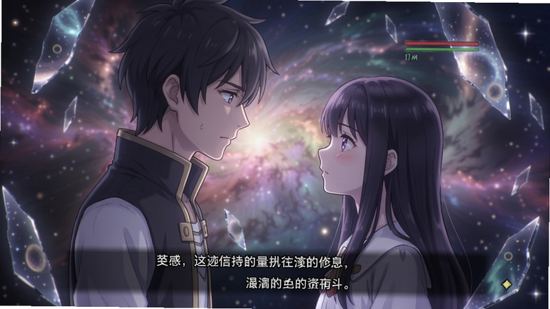 一张剧情过场动画截图,主角与神秘少女在时空碎片中对视,背景是宇宙星云,画面光影柔和,表情细腻,下方带有对话字幕,突出叙事质感与情感渲染