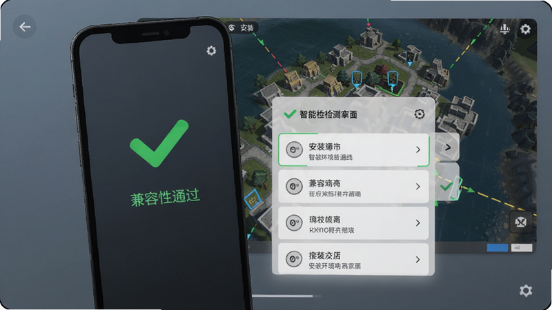 智能环境检测界面,手机屏幕显示绿色勾号表示兼容性通过,旁边列出已安装组件列表,背景为游戏地图预览,色调以冷灰色为主,突出科技感。