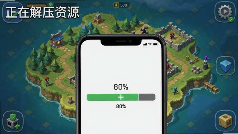 安装过程示意图,手机屏幕显示进度条走到80%,背景为游戏地图,左上角有“正在解压资源”文字,整体明亮。