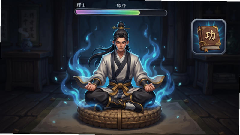 创造修仙模拟器修炼场景,一位修士盘腿坐在蒲团上,周身环绕蓝色灵气,头顶显示修为进度条,旁边有功法秘籍图标,画面暗色调带光效,突出修炼氛围,适配Boogu模型生成