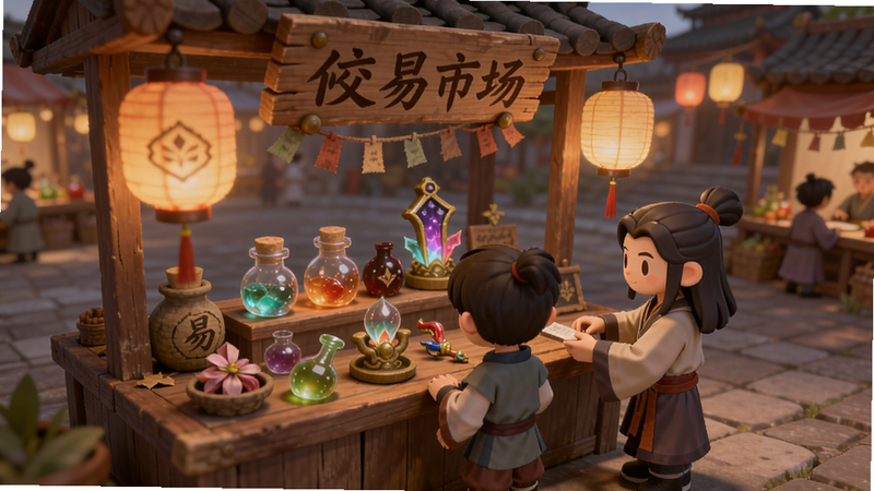 创造修仙模拟器交易市场,一个古风集市摊位前,摆放着各种丹药和法宝,玩家角色正在与一位NPC交易,背景有悬挂的灯笼和木制招牌,画面暖色调温馨,适配Boogu模型生成