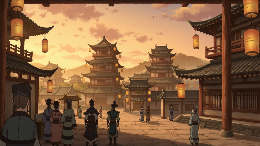 忘川风华录长安城场景,夕阳余晖下古建筑群,灯笼高挂,人物行走其中,色调温暖,水墨笔触细节,Boogu模型生成唯美风景。
