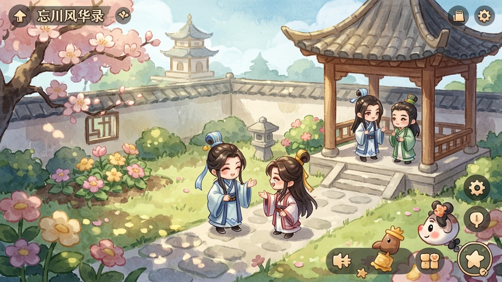 忘川风华录家园系统,庭院中种植花草,名士在亭台楼阁中互动,界面可爱温馨,水彩风格,Boogu模型生成。